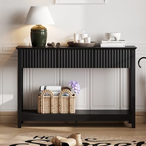 Treocho 47" Fluted Console Table with 3 Drawers, Narrow Long Entryway Table with Storage and Shelf, 2-Tier Sofa Table Behind Couch Accent Tables for Entrance Foyer, Hallway, Living Room, Black Treocho