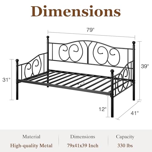 VECELO Metal Daybed Frame Multifunctional Platform Bed Sofa Mattress Foundation with Classic Headboard, Twin, Black VECELO