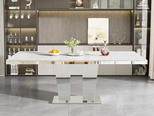 Goujxcy 11-Piece Extendable Dining Table Set for 10, 63-94.5" Faux Marble Kitchen Table Set with 10 Grey Tufted Chairs, Modern Expandable Dining Room Table for 6 8 10 with Mirrored Dual Column Base Goujxcy