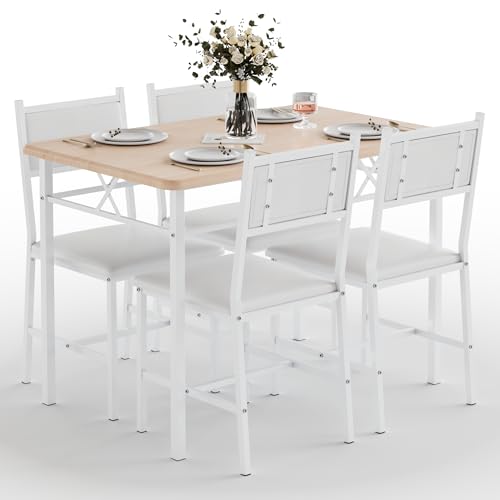 VECELO Dining Table Set for 4 with Chairs, 5-Piece Kitchen Table and Upholstered Padded Chairs Set for Small Space, Dining Room, Apartment, Natural Oak VECELO