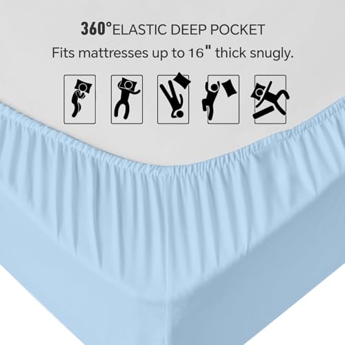 Queen Size Fitted Sheet – Ultra Soft 1800 Microfiber – Deep Pocket Fits Up to 16” Mattress – Wrinkle & Fade Resistant – Single Fitted Bottom Sheet Only (Light Blue) Peace Sleep Bedding