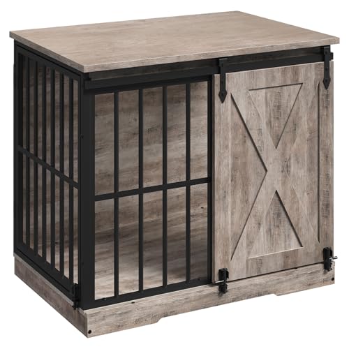 MAHNACRIS 31.5" Farmhouse Dog Crate Furniture with Barn Door, Heavy Duty Dog Kennel for Small Medium Dogs, Wooden Dog Cage End Table, Decorative Pet House, Chew Resistant, Greige DCHG8001 MAHANCRIS