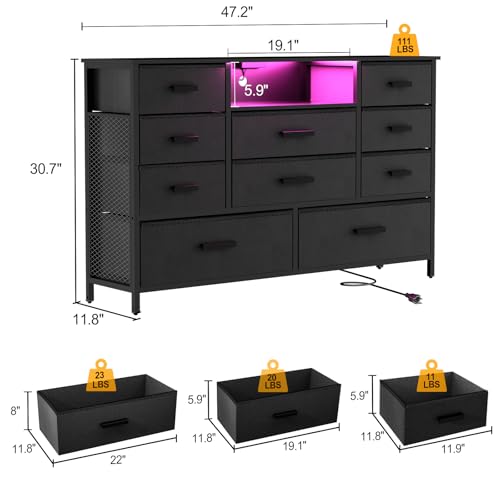 Harpaq Dresser with Charging Station, Black Dresser for Bedroom with 10 Drawers, TV Stand Dresser with LED Light for 55" TV, Fabric Drawer Dresser with PU Finish, Chest Dresser for Bedroom, Closet Harpaq
