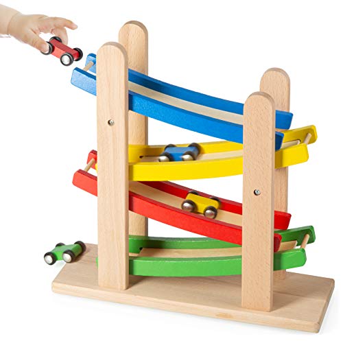 Play22 Wooden Car Ramps Race - 4 Level Toy Car Ramp Race Track Includes 4 Wooden Toy Cars - My First Baby Toys - Toddler Race Car Ramp Toy Set is A Great Gift for Boys and Girls - Original by Play22 Play22