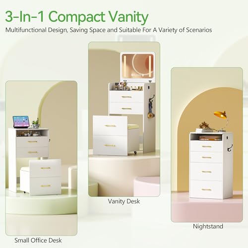 HNEBC 3 in 1 Vanity Desk with Plip Top LED Mirror,Small Dressing Table Set with Visible Glass Desktop,Compact Vanity with 3 Drawers,Storage Compartment and Padded Stool,for Bedroom(White) HNEBC
