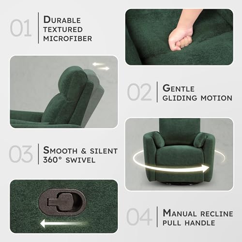 Lexicon Modern Swivel Glider Recliner Chair - Quiet 360 Swivel Chair, Durable Microfiber Upholstered, 2 Pillows, Manual Reclining for Living Room, Small Spaces, Nursery, Apartment, Bedroom, Green