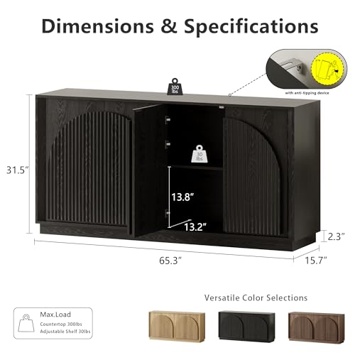WIN2WIN 65" Fluted Sideboard Buffet Cabinet with Storage, Modern Credenza with Double-Layered Arch Doors, Wood TV Media Console Table Accent Cabinet for Living Room Dining Room Hallway Entryway, Black win2win