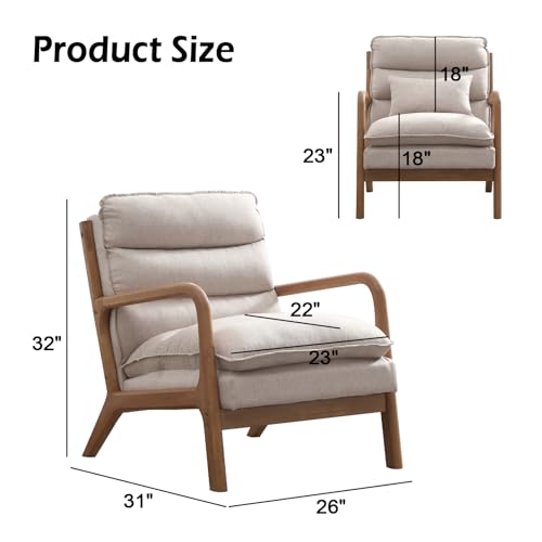 INZOY Mid Century Modern Accent Chair with Wood Frame, Upholstered Reading Armchair with Waist Cushion, Double Padded Accent Chair, Side Chair for Living Room Bedroom Office, Easy Assembly, Beige INZOY