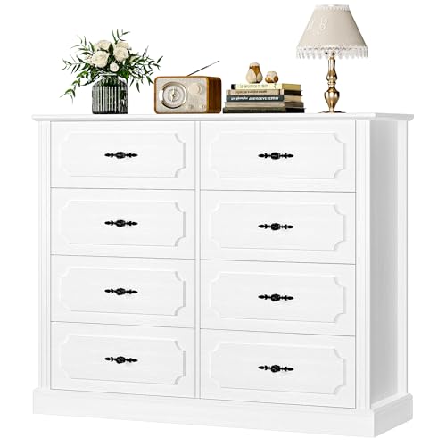 finetones White Dresser Chest of Drawers, Wood Dresser 8 Drawer with Steel Handles, Modern Dresser Drawers Floor Storage Cabinet for Living Room Hallway Office finetones