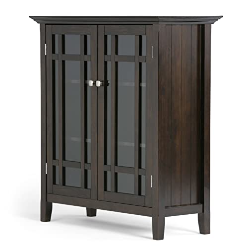 SIMPLIHOME Bedford SOLID WOOD 39 inch Wide Rustic Medium Storage Cabinet in Dark Tobacco Brown, with 2 Tempered Glass Doors, 4 Adjustable Shelves SIMPLIHOME