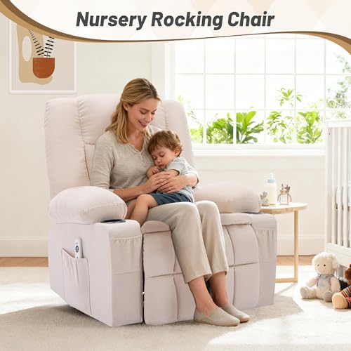 Rocker Recliner Chair with Massage and Heat, Nursery Rocking Chairs for Living Room, Recliner Chair for Adults, Ergonomic Comfy Relining Chair with Cup Holders, USB Charge Port, Side Pockets, Beige