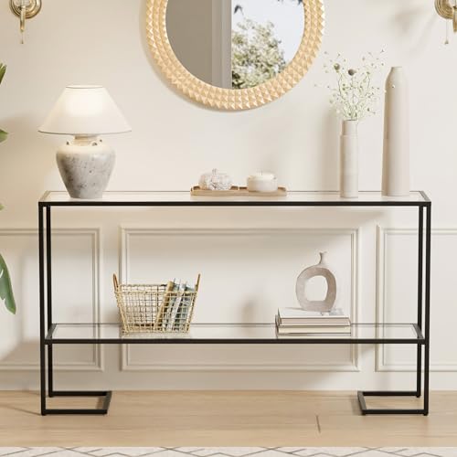 Cozy Castle 52" Entryway Table, 2-Tier Narrow Console Table, Tempered Glass Sofa Table with Metal Frame, Entry Table with Shelves, Console Tables for Entryway, Hallway, Foyer, Living Room, Black Cozy Castle