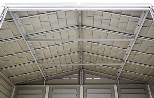 Duramax Woodbridge Plus 10.5 x 8 (8.02 m2) Plastic Garden Shed with 1 Fixed Window & Metal Foundation Kit, Strong Metal Roof Structure Fire Retardant and Maintenance-Free Storage Shed - Ivory/Brown DURAMAX