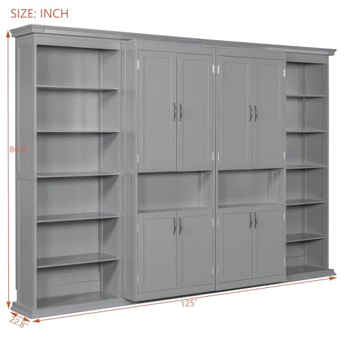 XD Designs Modern Full Murphy Bed with Dual Sliding Doors Storage Cabinets, Wood Hidden Wall Bed with Dual 6-Tier Side Shelves, Large-Capacity Space-Saving (Gray-12.9) XD Designs