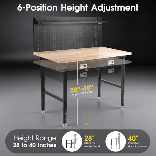 60" Adjustable Work Bench with Drawers, Workbench for Garage with Strip Light, Work Table with Large Pegboard, 2000 LBS Heavy Duty Table with Power Outlet Rubber Wood for Office, Workshop FIXCHIGO