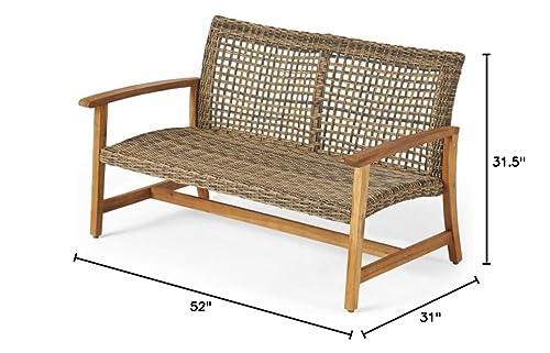 GDFStudio Noble House Hampton Outdoor Wood and Wicker Loveseat in Natural GDFStudio