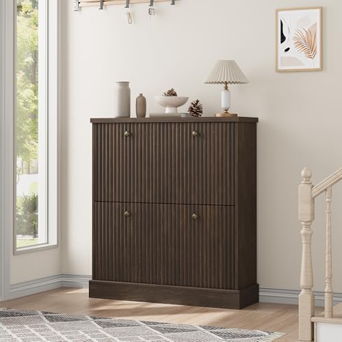 Garvee Shoe Cabinet with 2 Flip Drawers, Modern Narrow Wave Shoe Organizer with Adjustable Shelves, Wooden Freestanding Shoe Cabinet for Entryway, Living Room, Hallway, Walnut Garvee