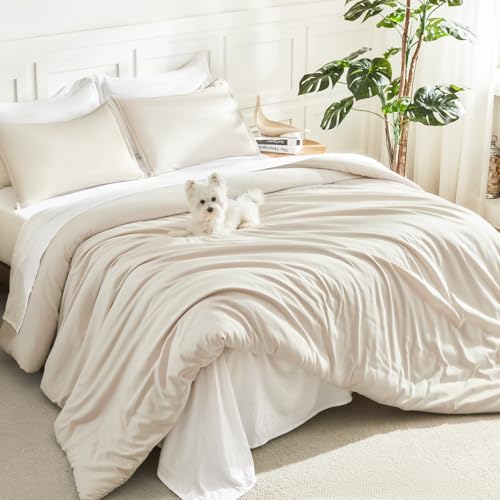 Litanika Full Size Comforter Sets Beige, 3 Pieces Lightweight Bedding Comforter Sets, Down Alternative Comforter Fluffy Bed Set Gift Choice Litanika