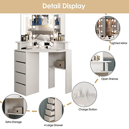 Vabches Corner Vanity Desk with Lighted Mirror & Power Strip,White Makeup Vanity Table with Lights,42 inch Corner Vanity Mirror with Lights and 4 Drawer, 3 Lighting Modes, Brightness Adjustable Vabches