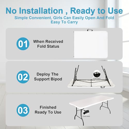 Bblife 6FT Folding Tables Heavy Duty Folding Table, Multi-Functional Fold up Table for Outdoor Camping Picnic Parties, Indoor Events White Training Table with 330lbs Static Weight Capacity Bblife