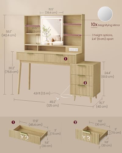 VASAGLE MAXE Collection - Vanity Desk with Sliding Mirror and Lights, Mid Century Modern Fluted Makeup Vanity with 10x Magnifying Mirror, Charging Station, Jewelry Storage, Oak Beige URDT139YC01S VASAGLE