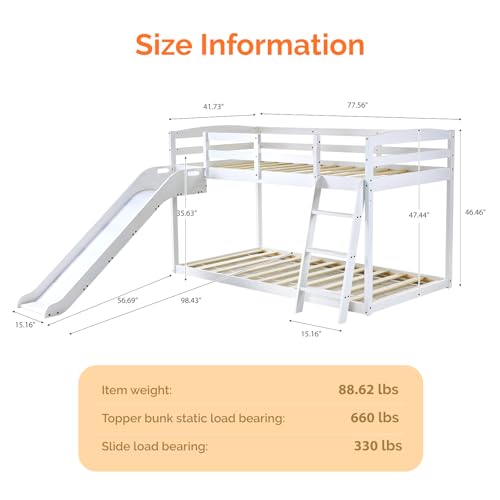 JOYMOR Bunk Bed with Curved Slide, Low Bunk Bed Twin Over Twin, Bunk Bed with Slide and Angled Ladder, Solid Pine Wood Slide Bed,14" Safety Guardrail, Anti-Slip Steps JOYMOR