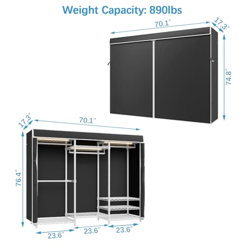 VIPEK V5L Garment Rack Heavy Duty Covered Clothes Rack with Dimmable LED Lights, 3000K Warm White, Portable Closet Wardrobe Freestanding Clothing Rack for Hanging Clothes, White Rack with Black Cover VIPEK
