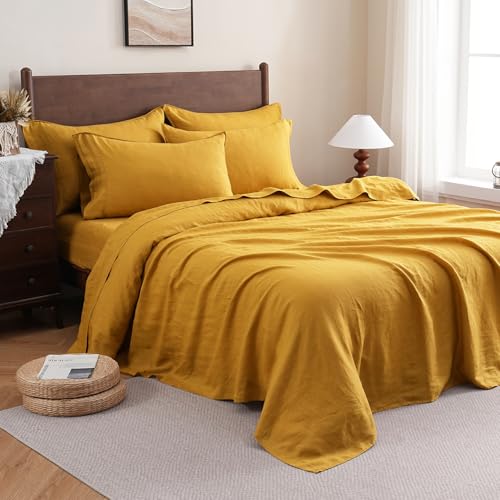 S VICTORY SYMBOL 100% Organic French Linen Bed Sheet Set,Natural Pure Flax with Stone Washed Bedding Set Full Size,Ultra Soft Luxurious 4 Pieces Sheets Set(Yellow,Full) S VICTORY SYMBOL