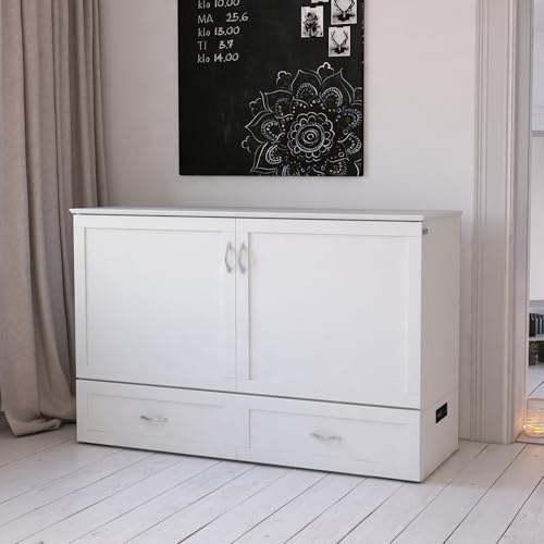 AFI Hamilton Queen Murphy Bed Chest with Mattress, Storage, and Built-in Charger in White AFI