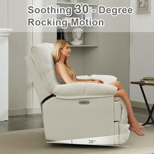 Pationate Oversized Rocker Recliner Chair,Power Swivel Recliner for Living Room,Overstuffed Extra Wide Rocking Recliners with Breathable Soft Fabric,Up to 350lbs (Power, White)