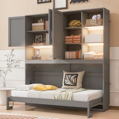 Merax Twin Size Wall Murphy Bed with Top Cabinet, Shelves,Space Saving Foldable Bed with Light & USB,Sleeping Arrangement for Multipurpose Area, Bedroom, Guest Room or Living Room,Gray Merax