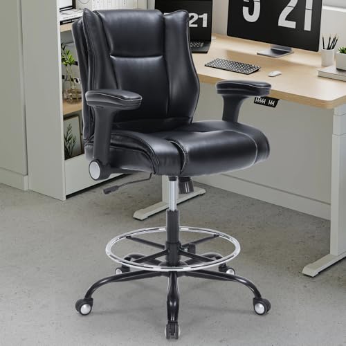 OLYFING Drafting Chair, Tall Office Chair with Padded Adjustable Arms and Footring PU Leather Standing Desk Chair with Extra Thicken Seat Cushion, Comfy High Office Chair for Counter Height Desk OLYFING