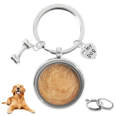Dog Hair Keepsake Keychain – Dog Fur Locket, Stainless Steel Pet Fur Memorial Keychain with Heart & Bone Charms, Sympathy Gift for Dog Lovers