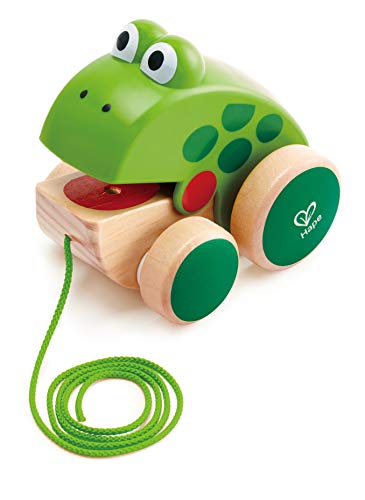Hape Frog Pull-Along | Wooden Frog Fly Eating Pull Toddler Toy, 4.6 x 3.3 x 3.8 inches, Green Hape