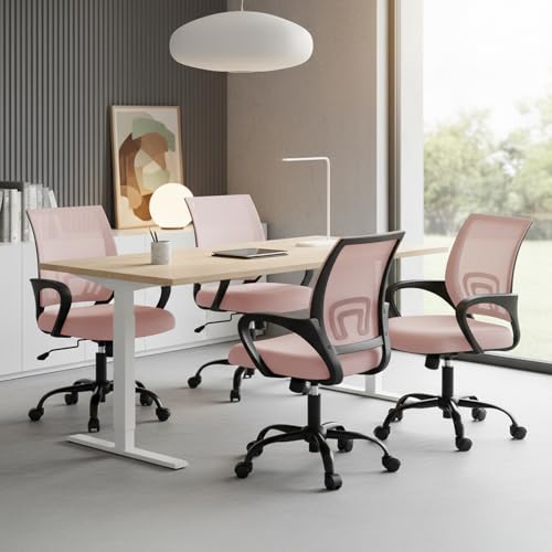 DUMOS Office Desk Chair - Ergonomic Mid Back with Lumbar Support & Rocking Mode, Height Adjustable with Fixed Armrest, Storage Back for Computer, Gaming, Conference, Meeting Room, 360° Swivel, Pink DUMOS