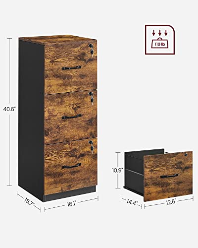 VASAGLE 3-Drawer Vertical File Cabinet, Filing Cabinet for Home Office, Printer Stand, with 3 Lockable Drawers, Adjustable Hanging Rail, for A4 and Letter-Size Files, Rustic Brown and Black UOFC055B01 VASAGLE