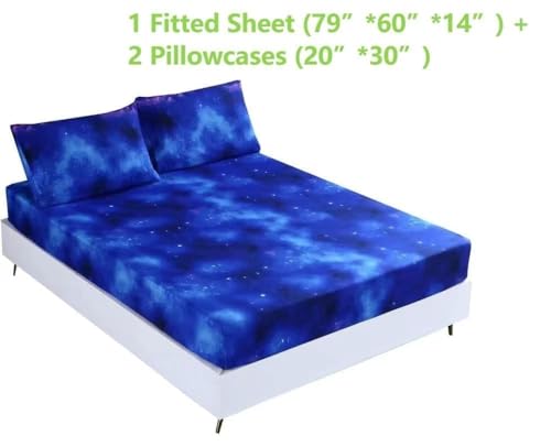 SDIII 3PCS Blue Space Queen Fitted Sheet Set, Bed in a Bag Galaxy Fitted Queen Sheet, Soft Microfiber, Queen Deep Pocket Sheet Set for Kids Boys and Girls, 1 Fitted Sheet and 2 Pillowcases SDIII