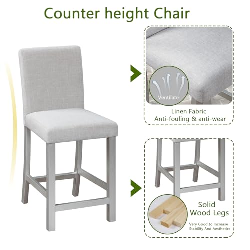 KEIKI 5-Piece Counter Height Dining Table Set with Square Table and 4 Upholstered Chair, for 4 Person, Modern Crystal Decoration Wooden Table Set, Easy Assembly, for Kitchen, Dining Room, Silver Grey KEIKI
