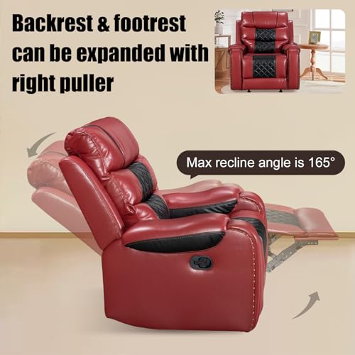 VireoNest Leather Rocker Recliner Chair 350lb Capacity, Tool-Free Assembly, Recliner Chair with Overstuffed Armrest, Manual Reclining Chairs for Living Room, Bedroom, Home Theater Seating (Red)