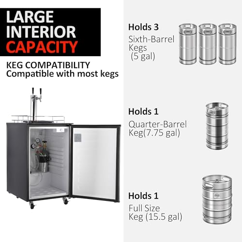 TROPOW 6.1 CF Beer Kegerator, Dual Tap Draft Beer Dispenser, Full Size Stainless Steel Keg Refrigerator With Drip Tray, 32°F- 50°F Temperature Control, 170L TROPOW
