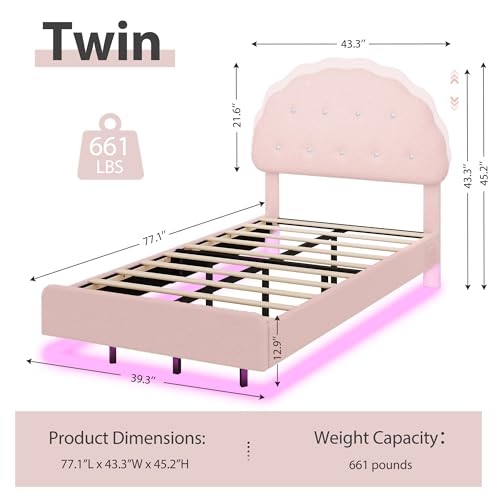 Decofy Cookie Twin Upholstered Bed Frame with LED Lights, Floating Bed Frames with Adjustable Headboard and Raised Footboard for Princess/Prince Bedroom, Teddy Velvet(Pink) Decofy