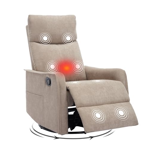 Trustyue Swivel Rocker Recliner Chair, 360° Swivel Recliner with Heat and Massage, Rocker Recliner Nursery Glider Chair with Side Pockets for Living Room (Khaki, Fabric)