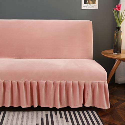 GIANCO FERRO Armless Velvet Pink Futon Cover with Ruffle Skirt higly Stretch Futon Sofa Bed Cover No Arm Stain Resistant Machine Washable Large GIANCO FERRO