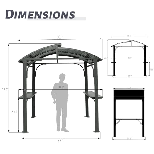 Domi Hardtop Grill Gazebo 8x5FT, Outdoor BBQ Gazebo with Galvanized Steel Double Roof, Permanent Sun Shade Grill Canopy Shelter with 2 Side Shelves and Ceiling Hook for Patio Yard Garden (Grey) domi outdoor living