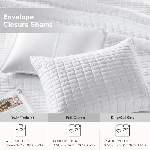 Comfort Spaces Kienna Quilt Set- Double Sided Stitching Design Summer Blanket, Lightweight, Soft, All Season Bedding Layer, Matching Sham, White, Coverlet Full/Queen(90"x90") 3 Piece Comfort Spaces