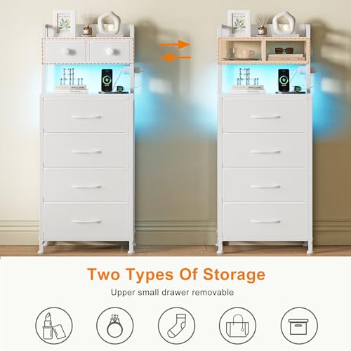 REAHOME 41 Inch Tall Nightstand with Charging Station, LED Night Stand with 6 Fabric Drawers, Bed Side Table with 3-Tier Wood Storage Shelves for Bedroom, Office, Small Spaces, White REAHOME
