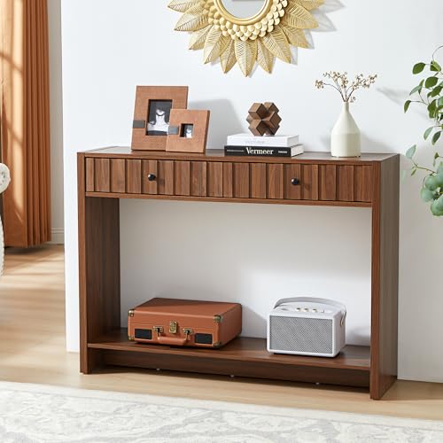 RUSTYER Console Table with Drawers, Narrow Mid-Century Fluted Entryway Table Sofa Table with Storage Shelf, Wood Entry Table Accent Behind Couch Table for Entrance, Hallway, Living Room (Walnut) RUSTYER