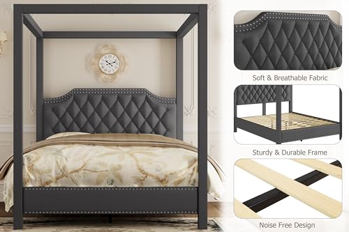 GarveeHome Upholstered Canopy Bed Frame Queen Size with Headboard, Button Tufted, Nailhead Trim Design, No Box Spring Required, Dark Grey(Shipped in 2 Boxes)