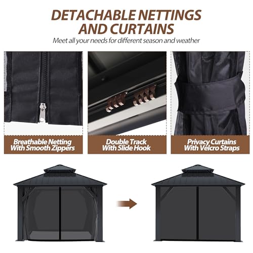 Raysfung 10 X 10ft Hardtop Gazebo, Galvanized Steel Double Roof Gazebo with Nettings and Curtain Outdoor Aluminum Frame Vertical Stripes Roof Permanent for Patio, Backyard, Lawns Raysfung