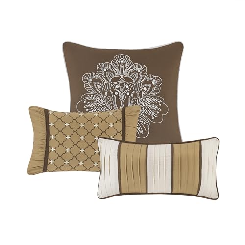 Madison Park Bellagio Cozy Comforter Set - Luxurious Jaquard Traditional Damask Design, All Season Down Alternative Bedding with Matching Shams, Decorative Pillow, Queen(90"x90"), Brown/Gold 7 Piece Madison Park